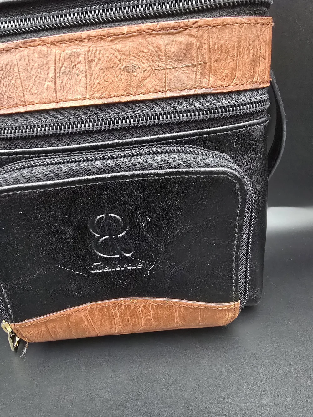 Two-Tone Black & Brown Crossbody Organizer with Gold Hardware
